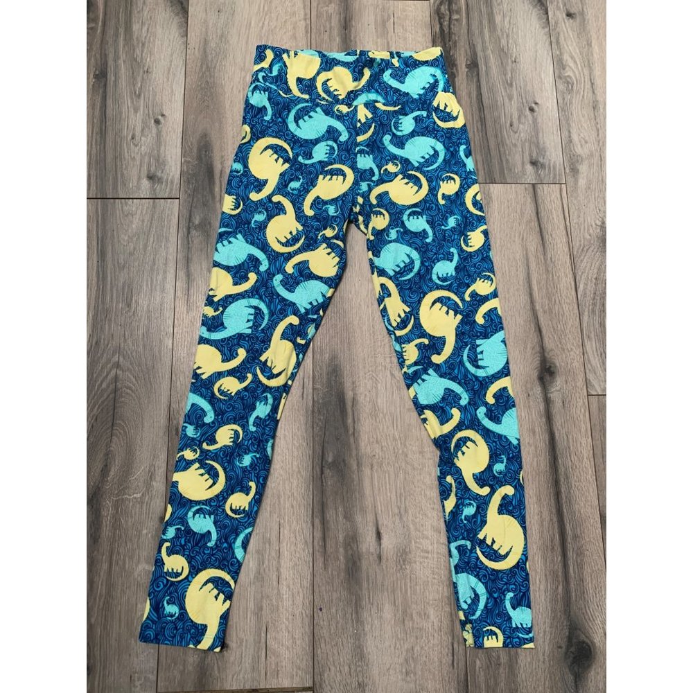 LulaRoe One Size Blue Yellow Dinosaur Leggings "Unicorn Rare Print"